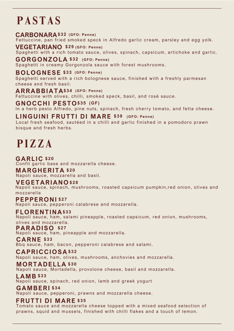 Menu, Florentina's Trattoria Restaurant & Bar