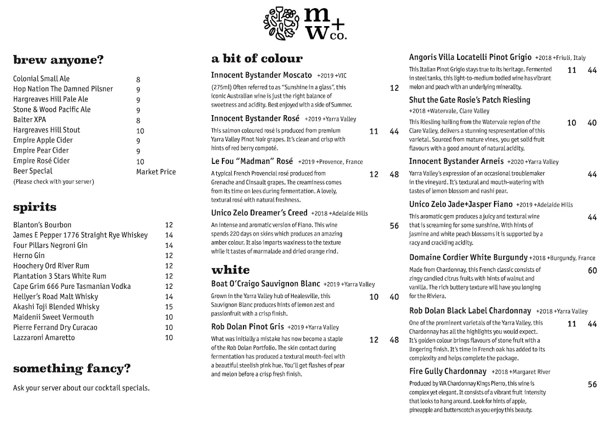 Menu, Milk & Wine Co.
