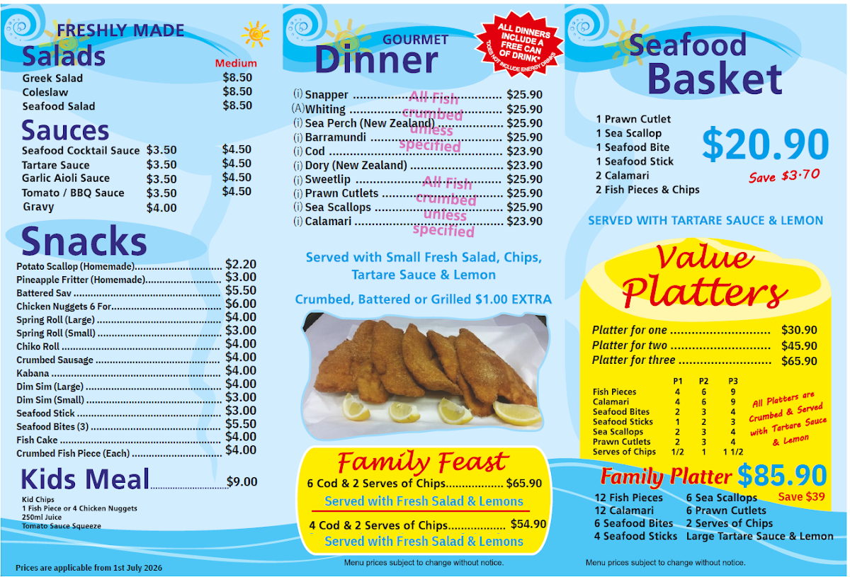 Menu, Toowoomba Fish Depot