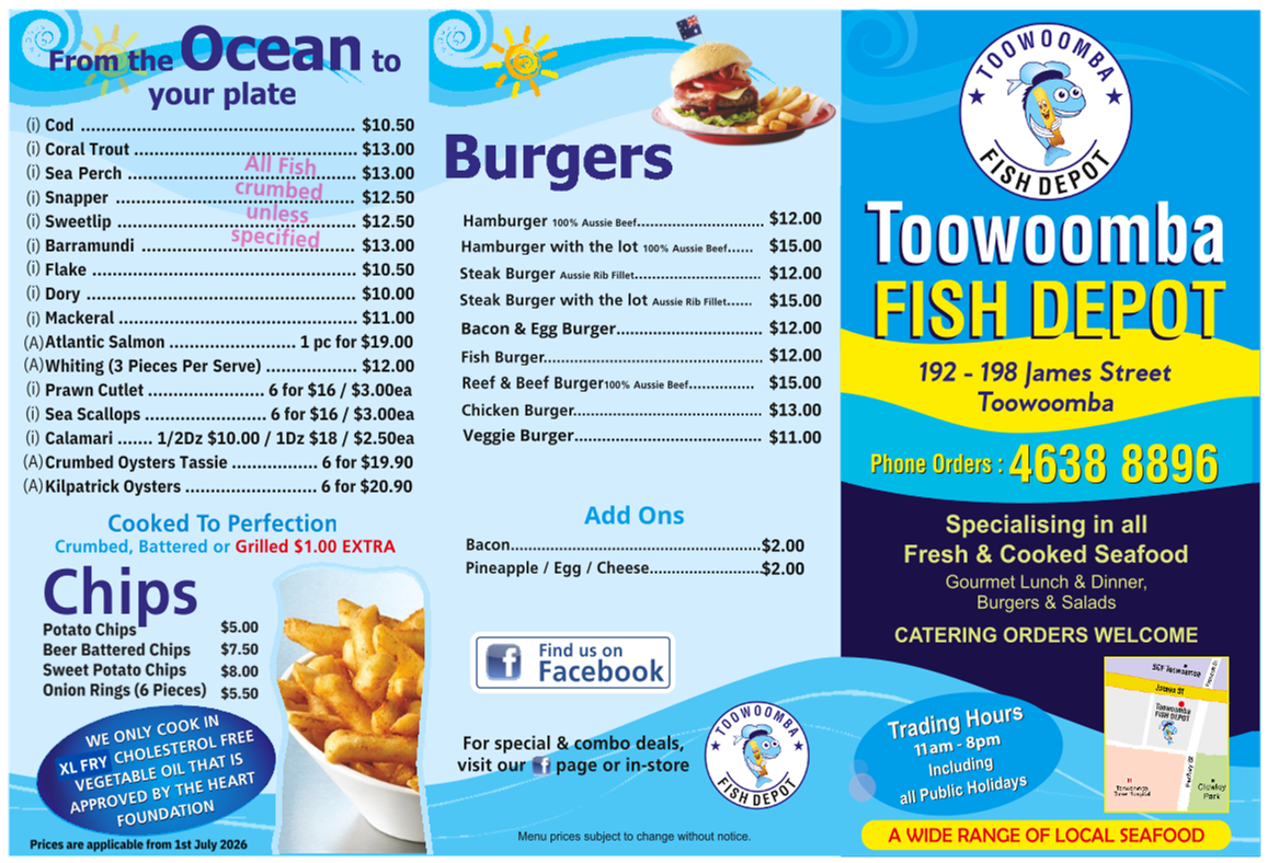Menu, Toowoomba Fish Depot