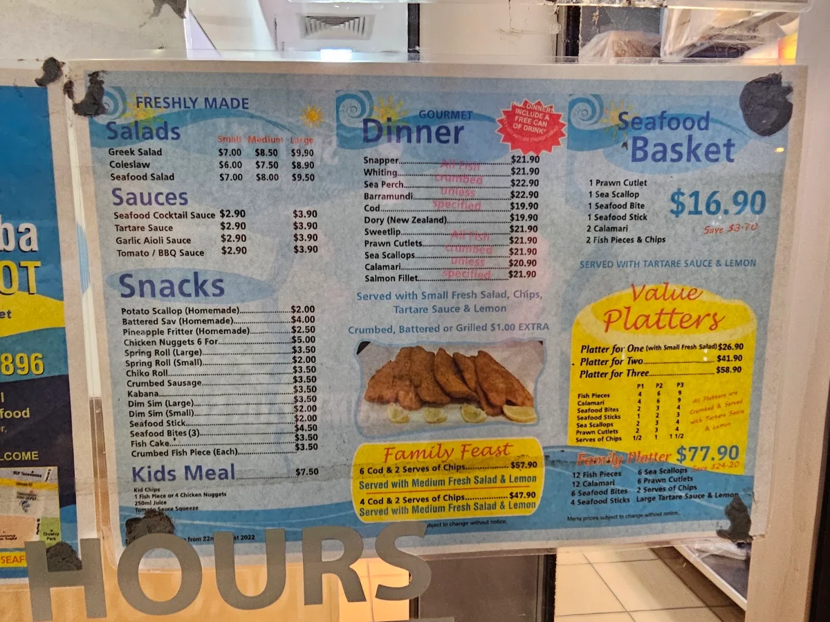 Menu, Toowoomba Fish Depot