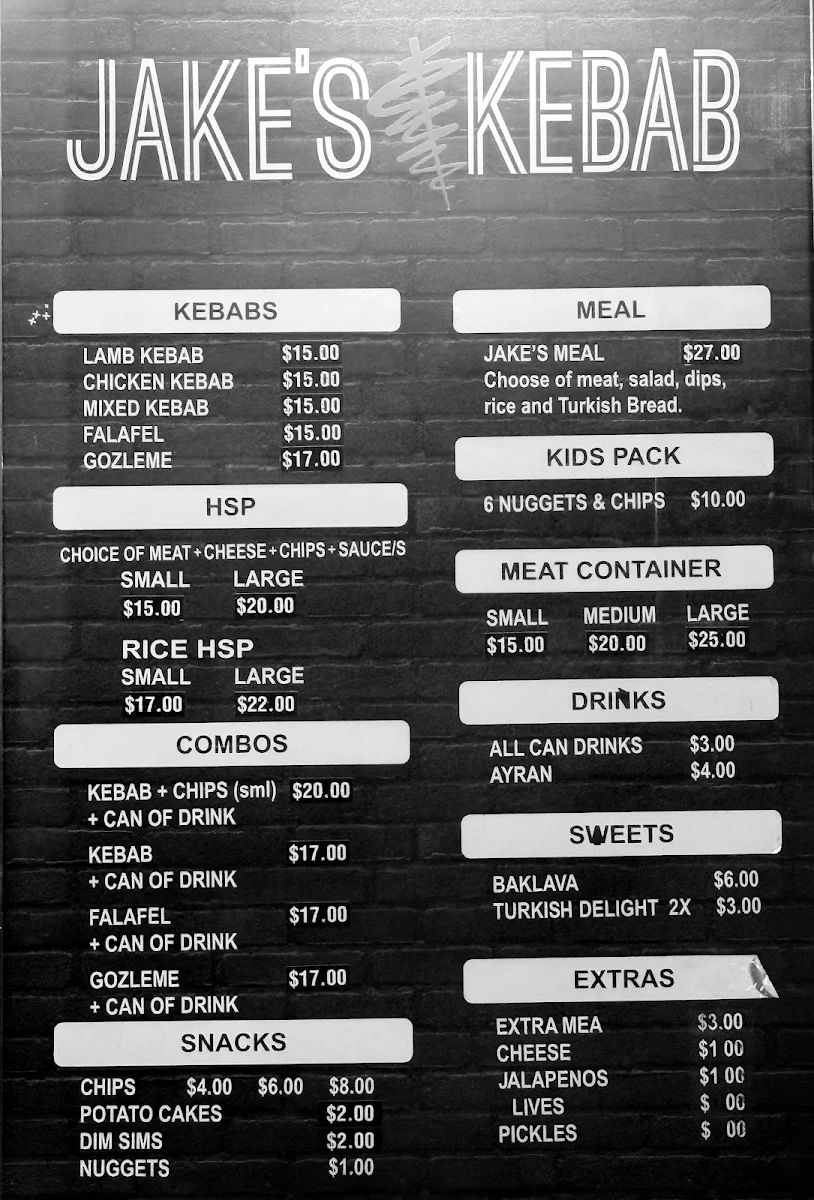 Menu, Jake's Kebab