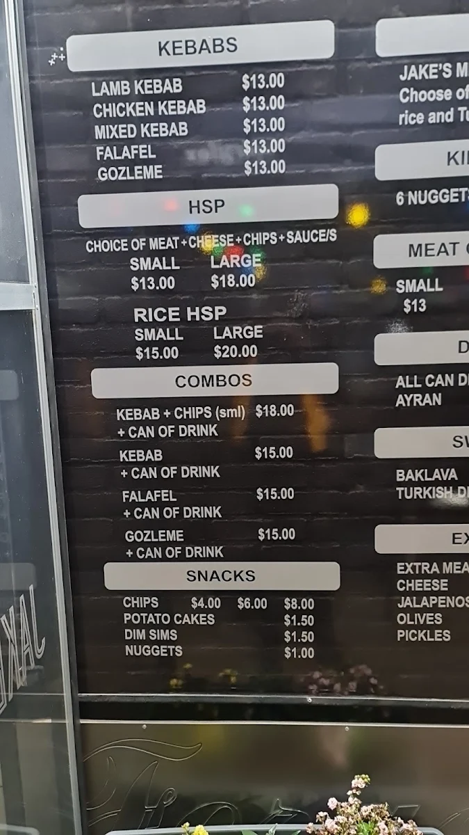 Menu, Jake's Kebab