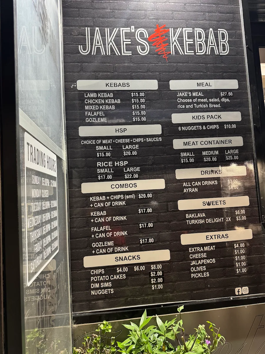 Menu, Jake's Kebab