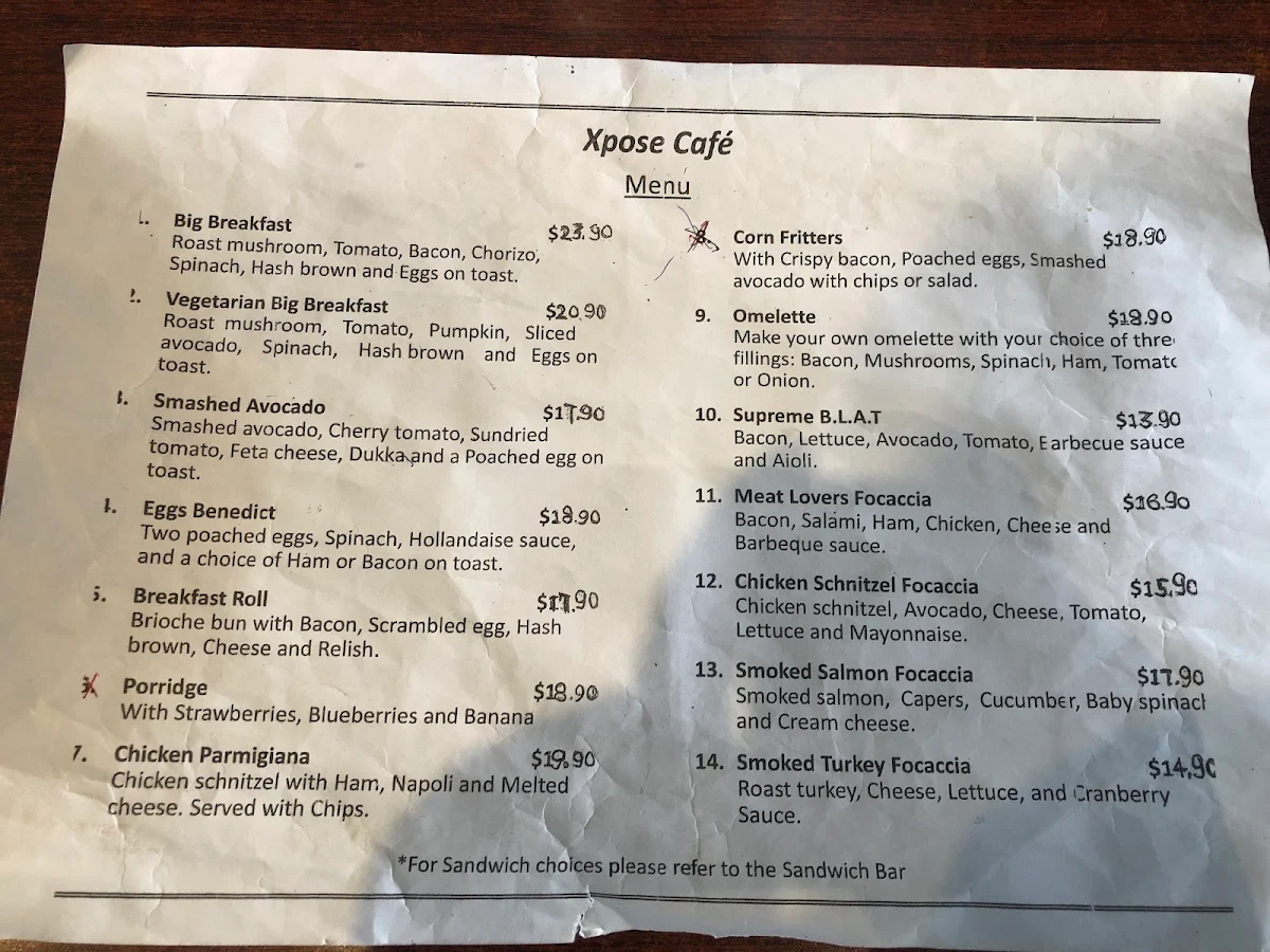 Menu, Xpose Cafe