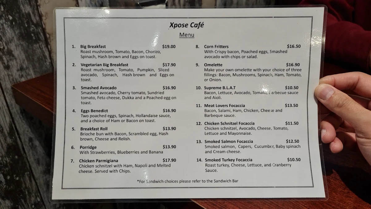 Menu, Xpose Cafe