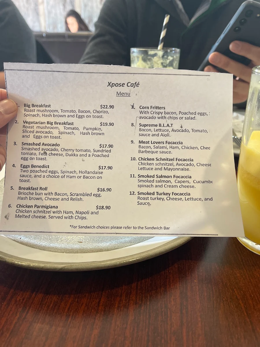 Menu, Xpose Cafe