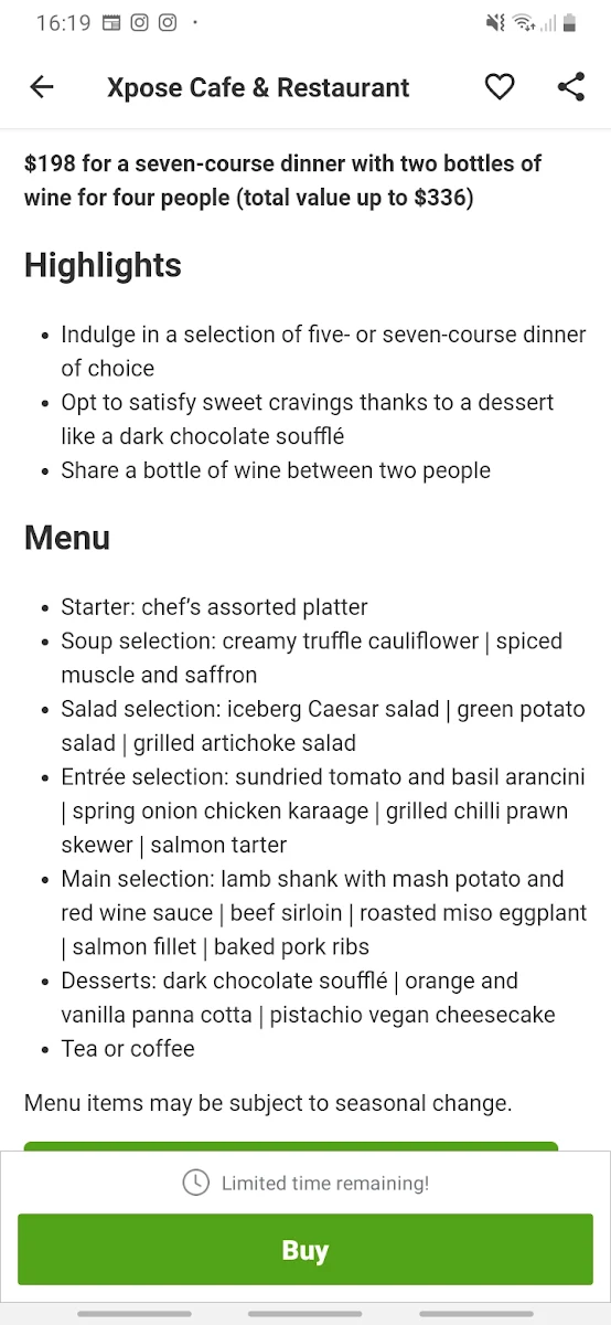 Menu, Xpose Cafe
