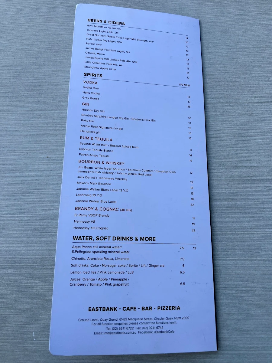 Menu, Eastbank Cafe.bar.pizzeria