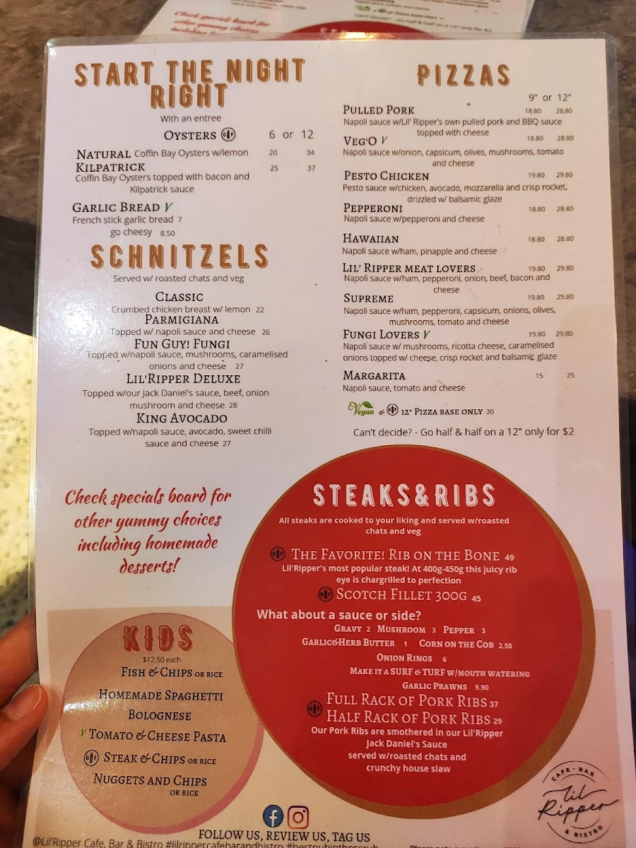 Menu, Lil'Ripper Cafe, Bar & Bistro