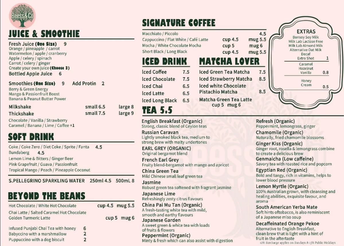Menu, Beess & Co Cafe