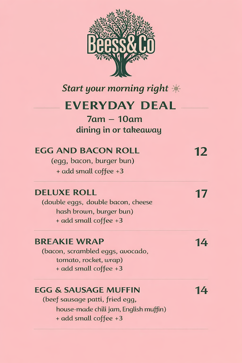 Menu, Beess & Co Cafe