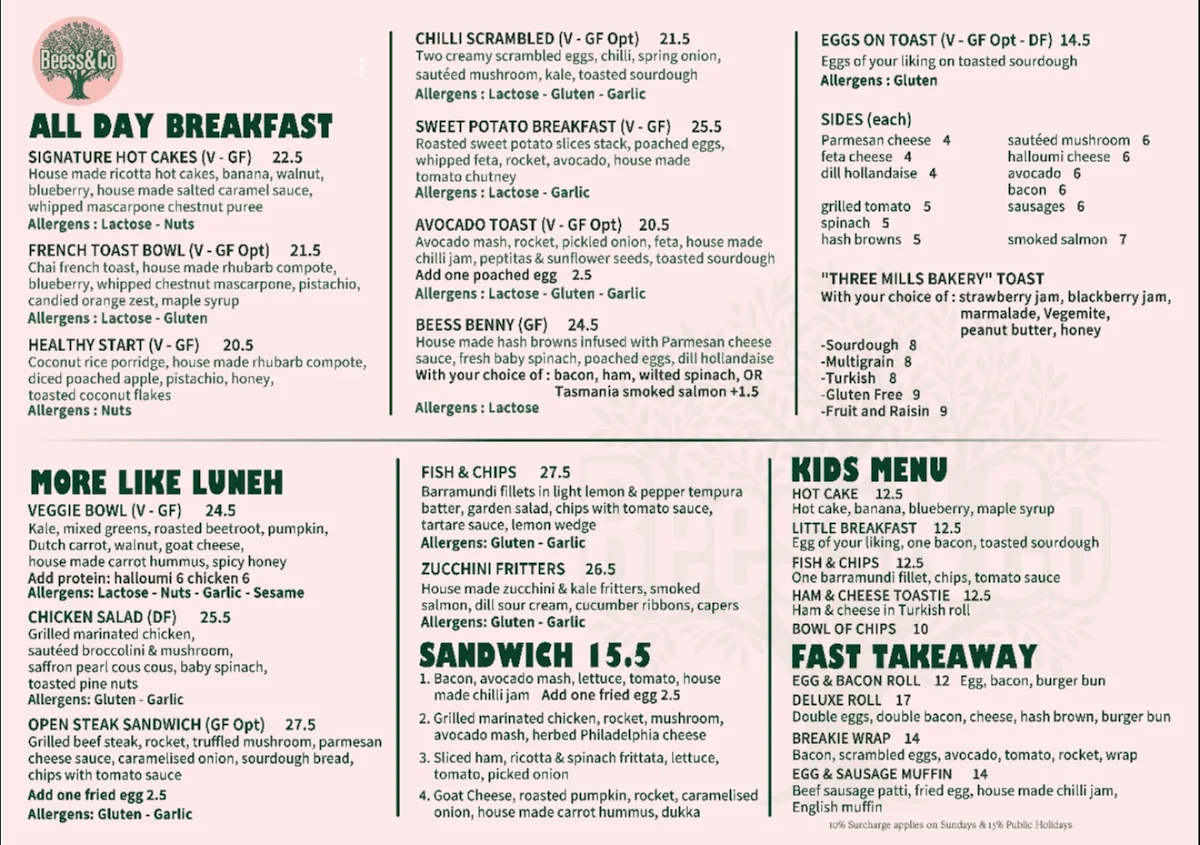 Menu, Beess & Co Cafe