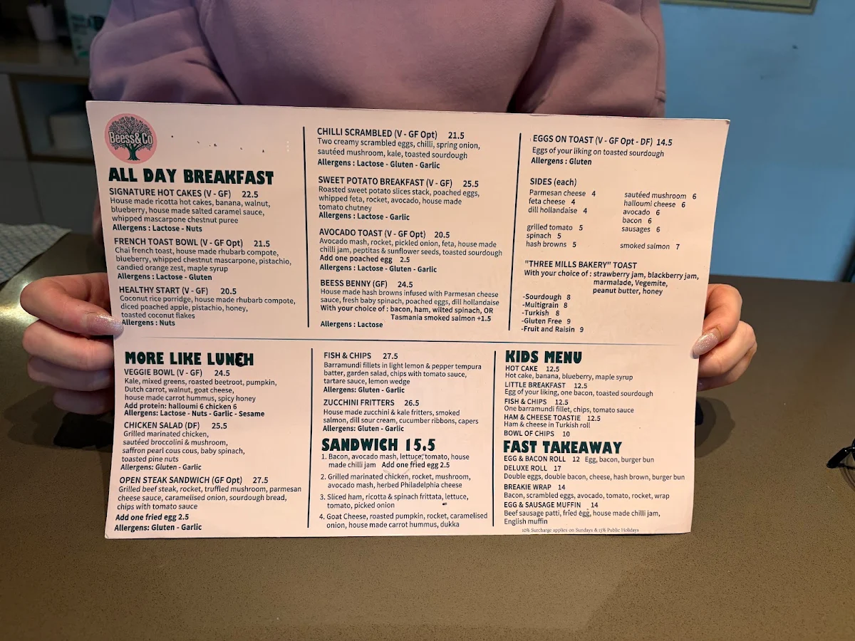 Menu, Beess & Co Cafe