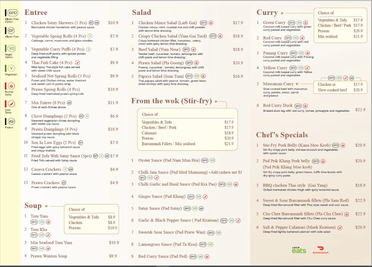 Menu, My Thai on Keilor
