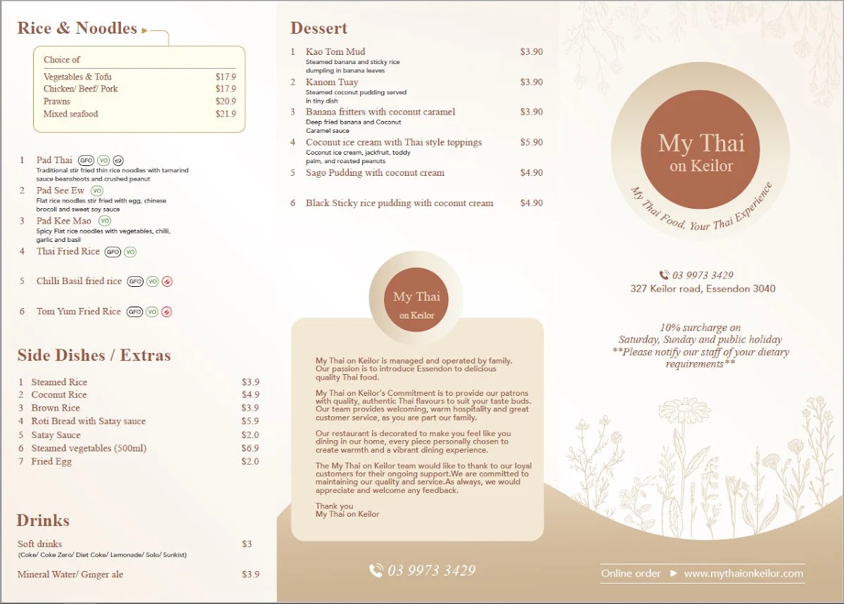 Menu, My Thai on Keilor