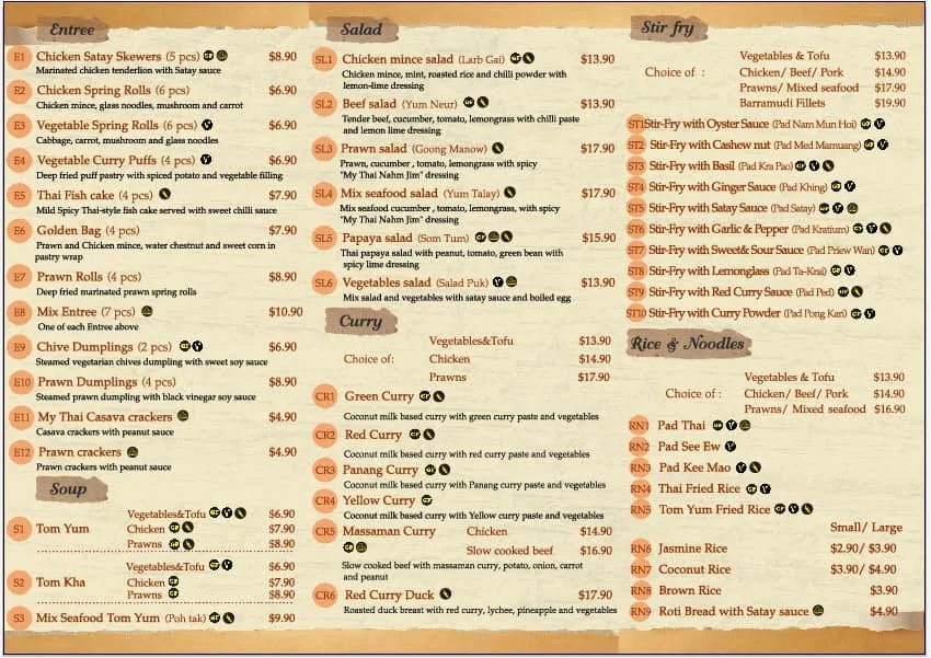 Menu, My Thai on Keilor
