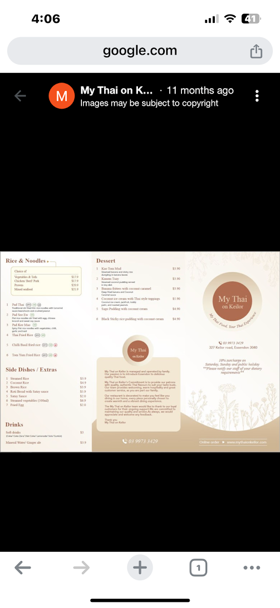 Menu, My Thai on Keilor