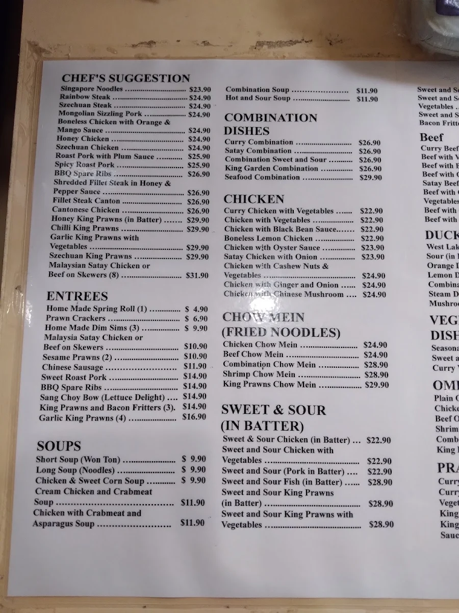 Menu, Empress King Garden Chinese Restaurant