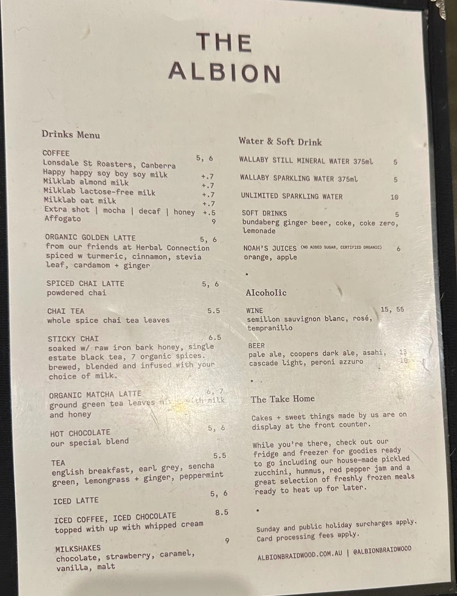 Menu, The Albion, Braidwood