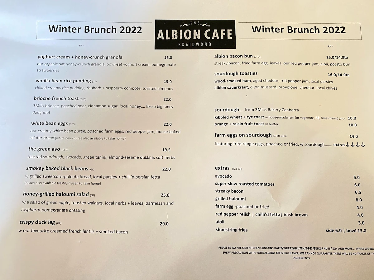 Menu, The Albion, Braidwood