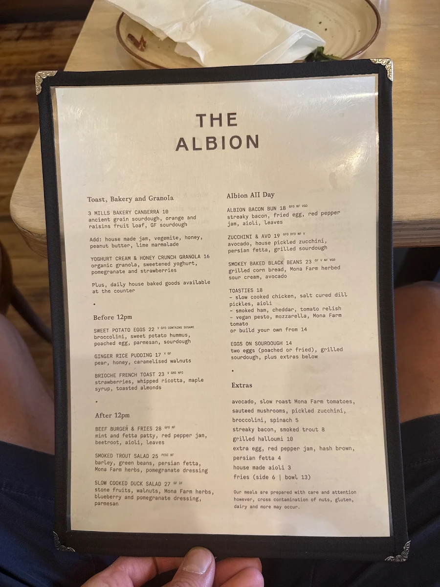 Menu, The Albion, Braidwood