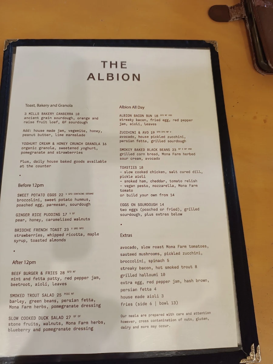 Menu, The Albion, Braidwood