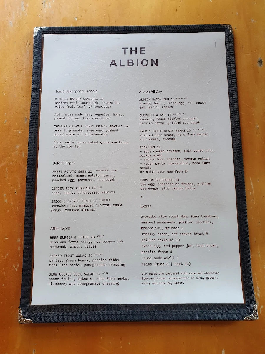 Menu, The Albion, Braidwood