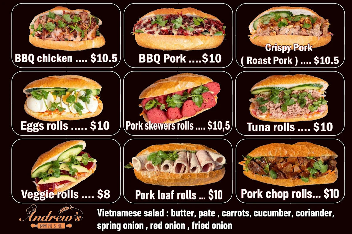 Menu, Andrew’s Banh Mi & Pie – Niddrie