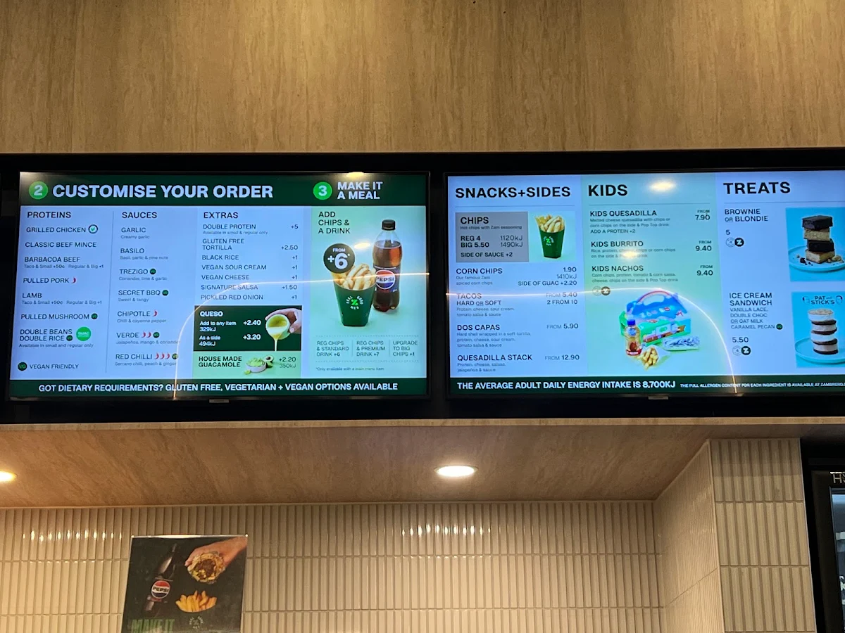 Menu, Zambrero South Yarra