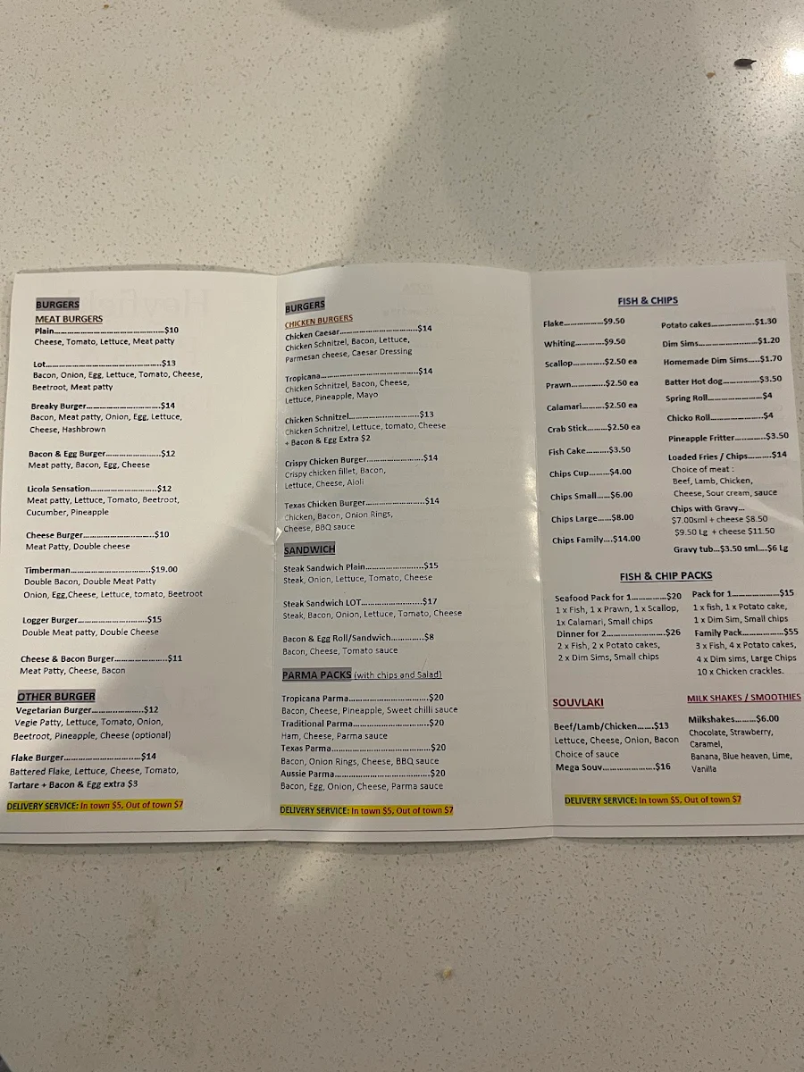 Menu, Heyfield Pizza and take away