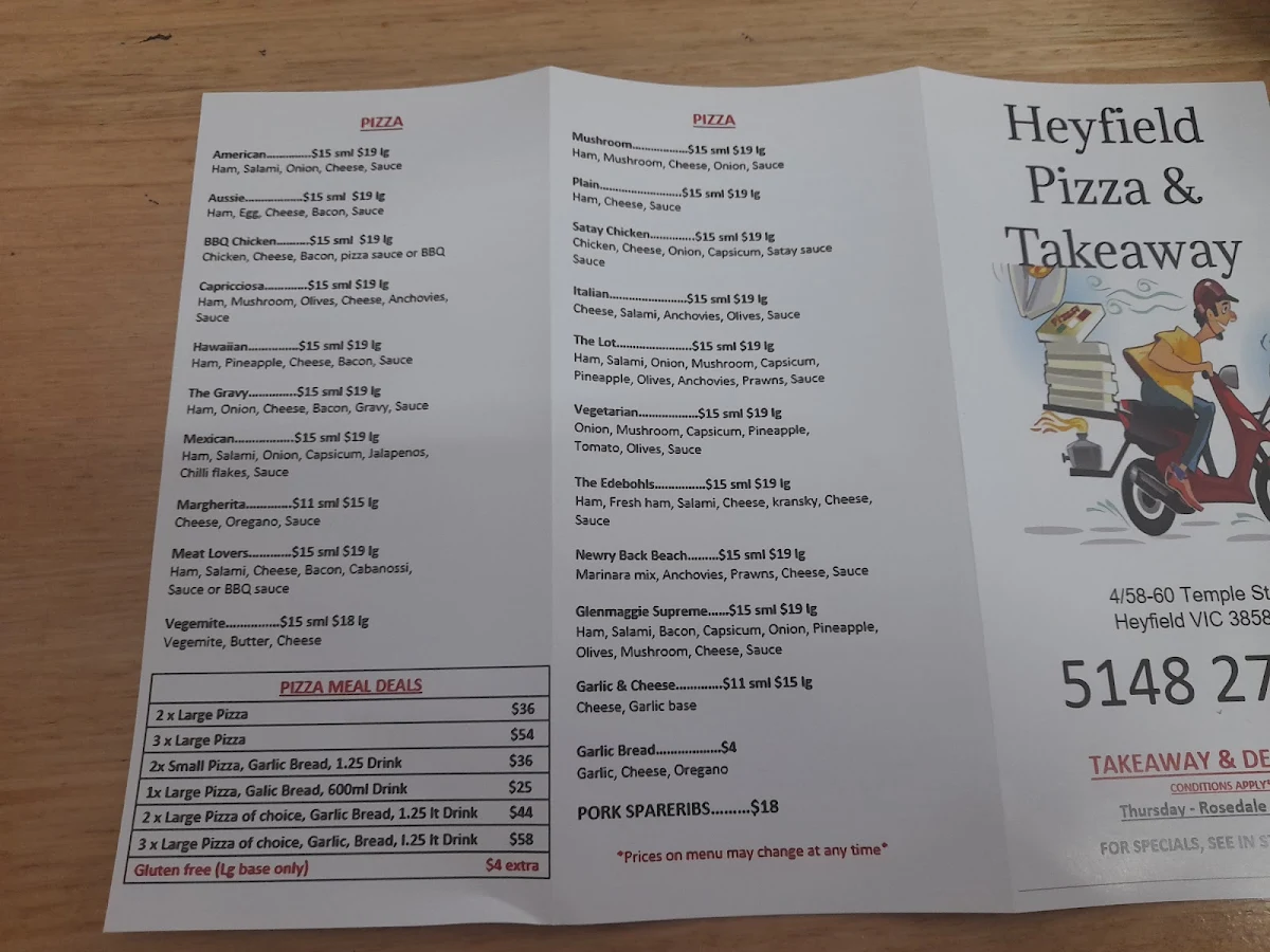 Menu, Heyfield Pizza and take away