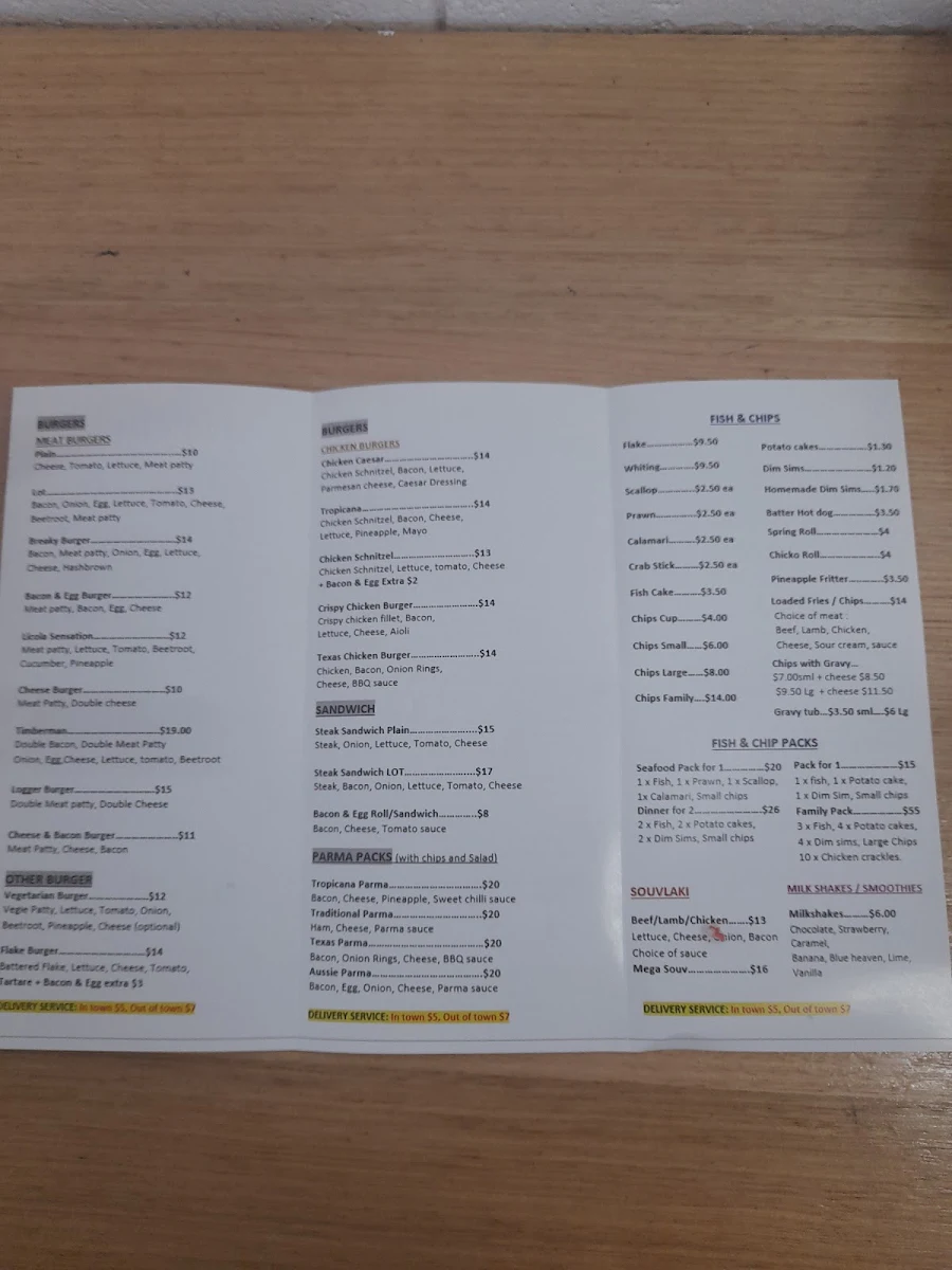 Menu, Heyfield Pizza and take away