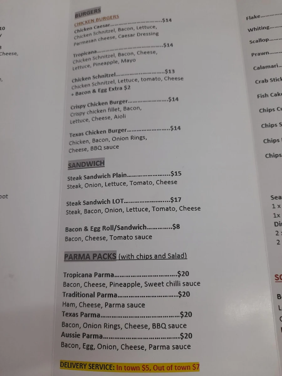 Menu, Heyfield Pizza and take away