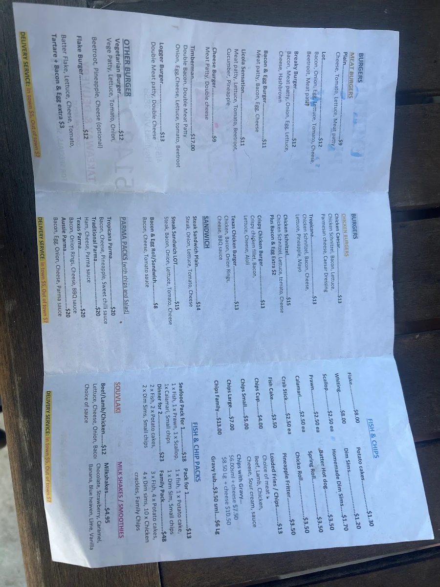 Menu, Heyfield Pizza and take away