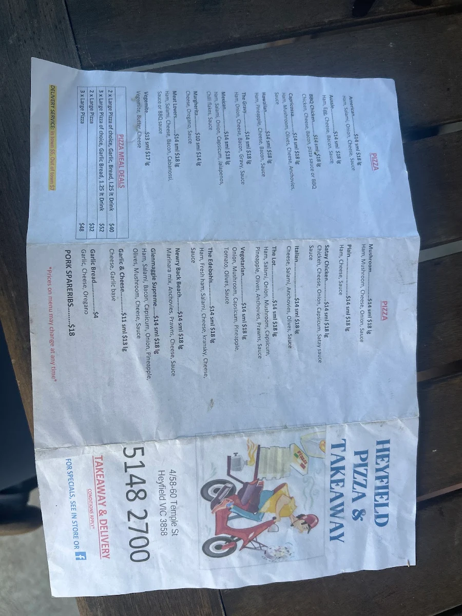 Menu, Heyfield Pizza and take away