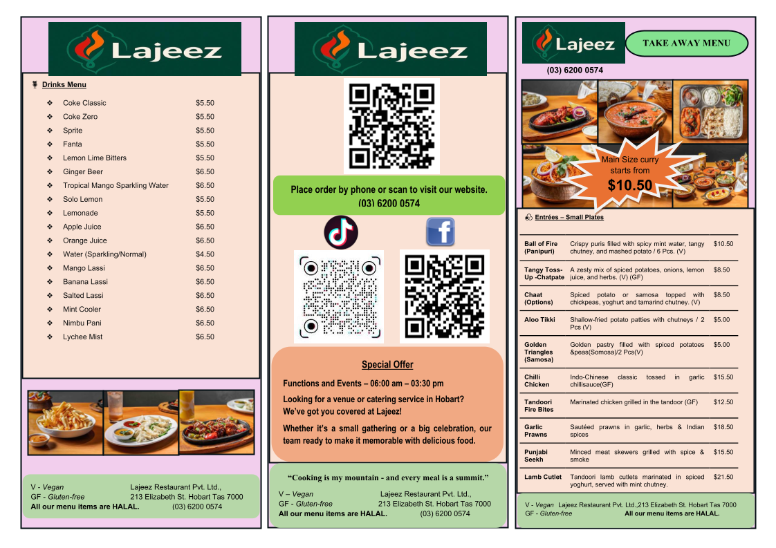Menu, Lajeez Indian Restaurant