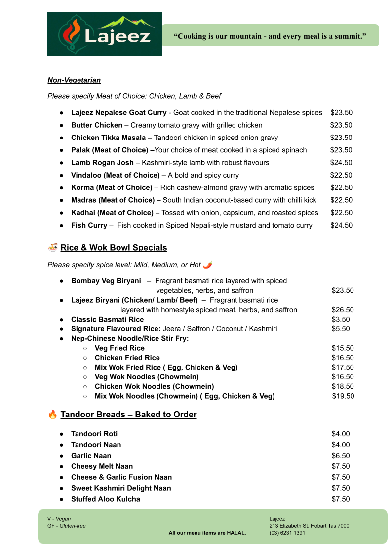 Menu, Lajeez Indian Restaurant