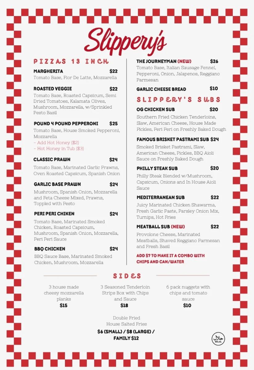 Menu, Slippery's