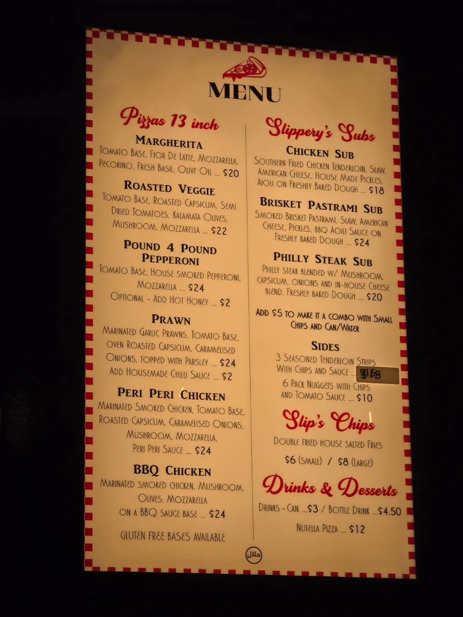 Menu, Slippery's