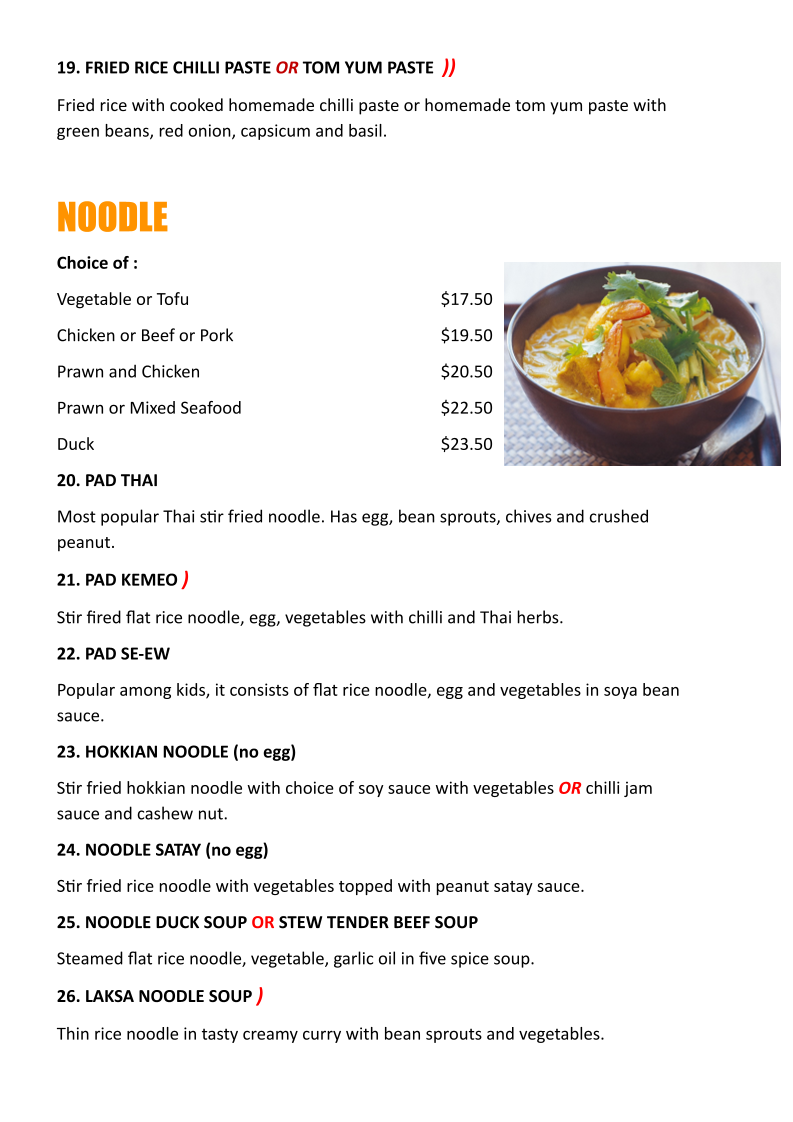 Menu, Coco Rice & Noodle Bar
