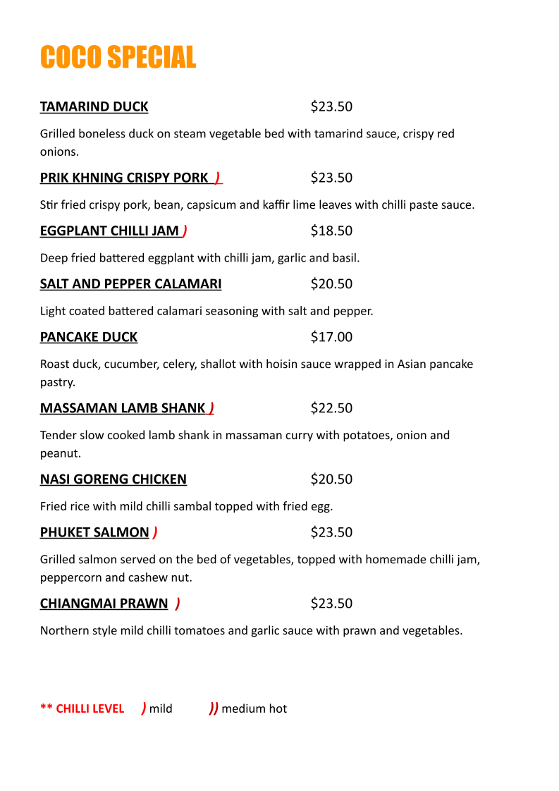 Menu, Coco Rice & Noodle Bar