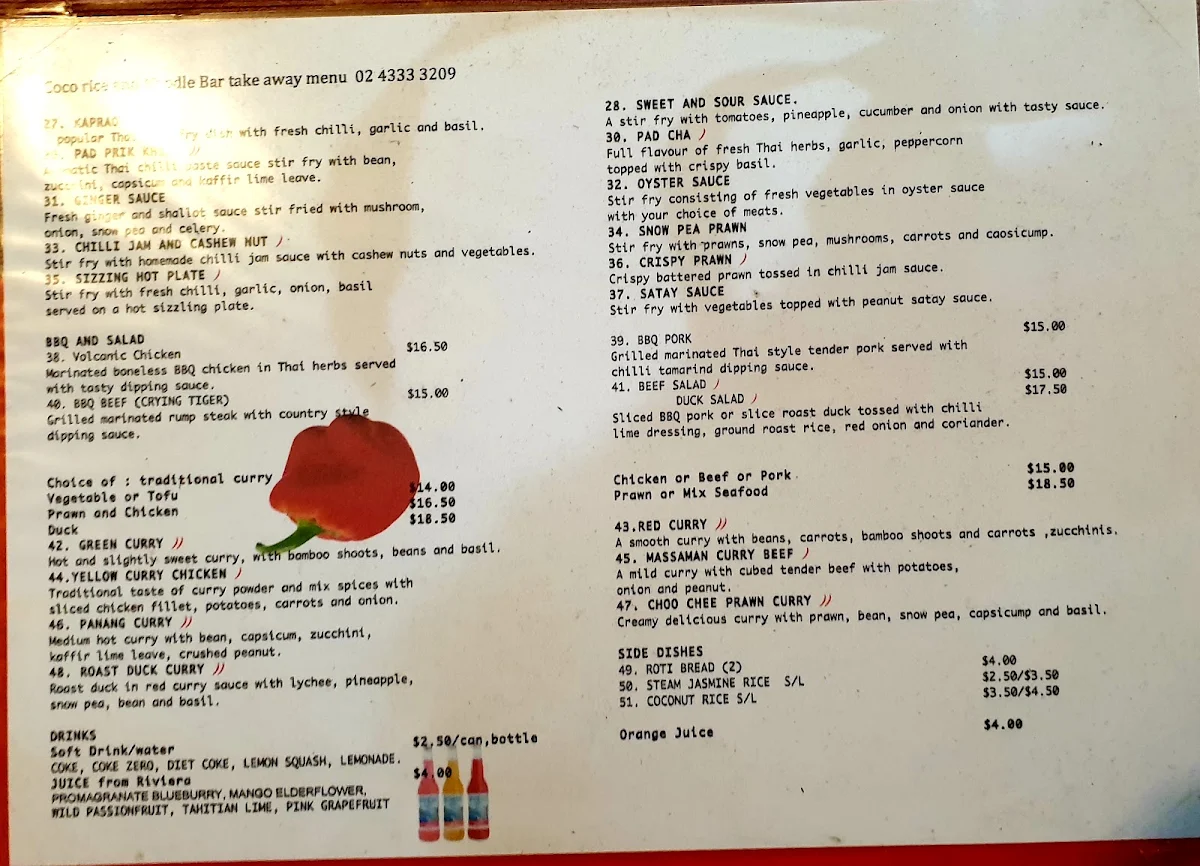 Menu, Coco Rice & Noodle Bar