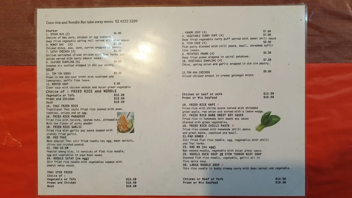 Menu, Coco Rice & Noodle Bar