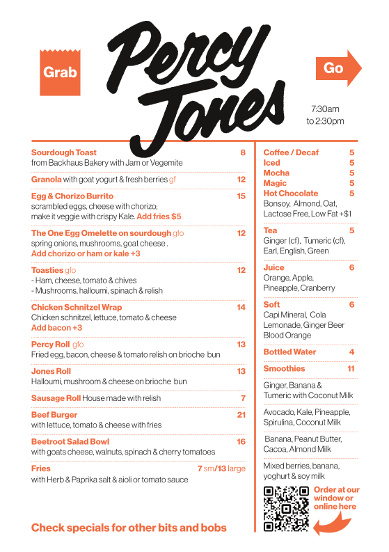 Menu, Percy Jones Kitchen