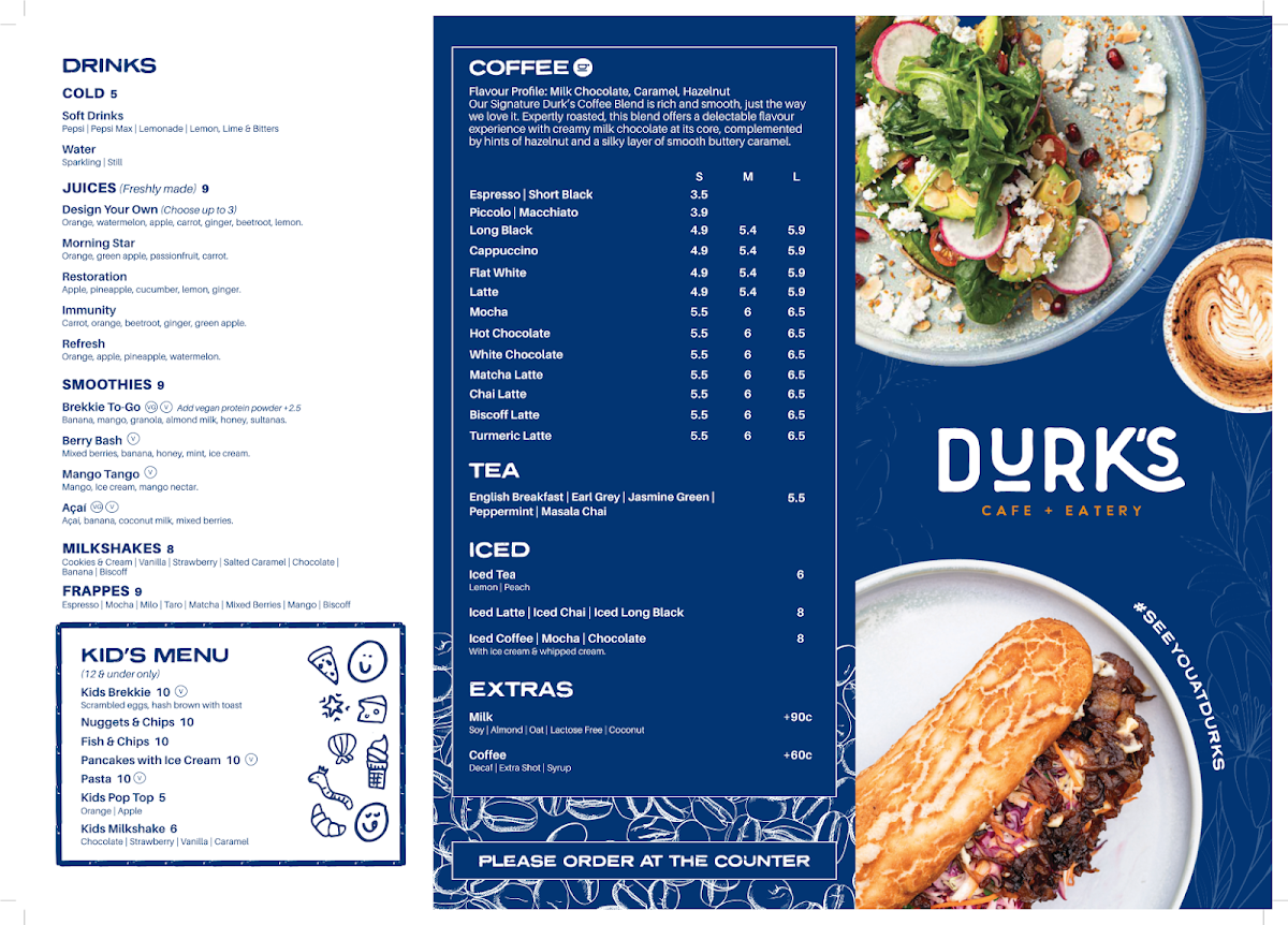 Menu, Durk's Cafe + Eatery Erskine Park