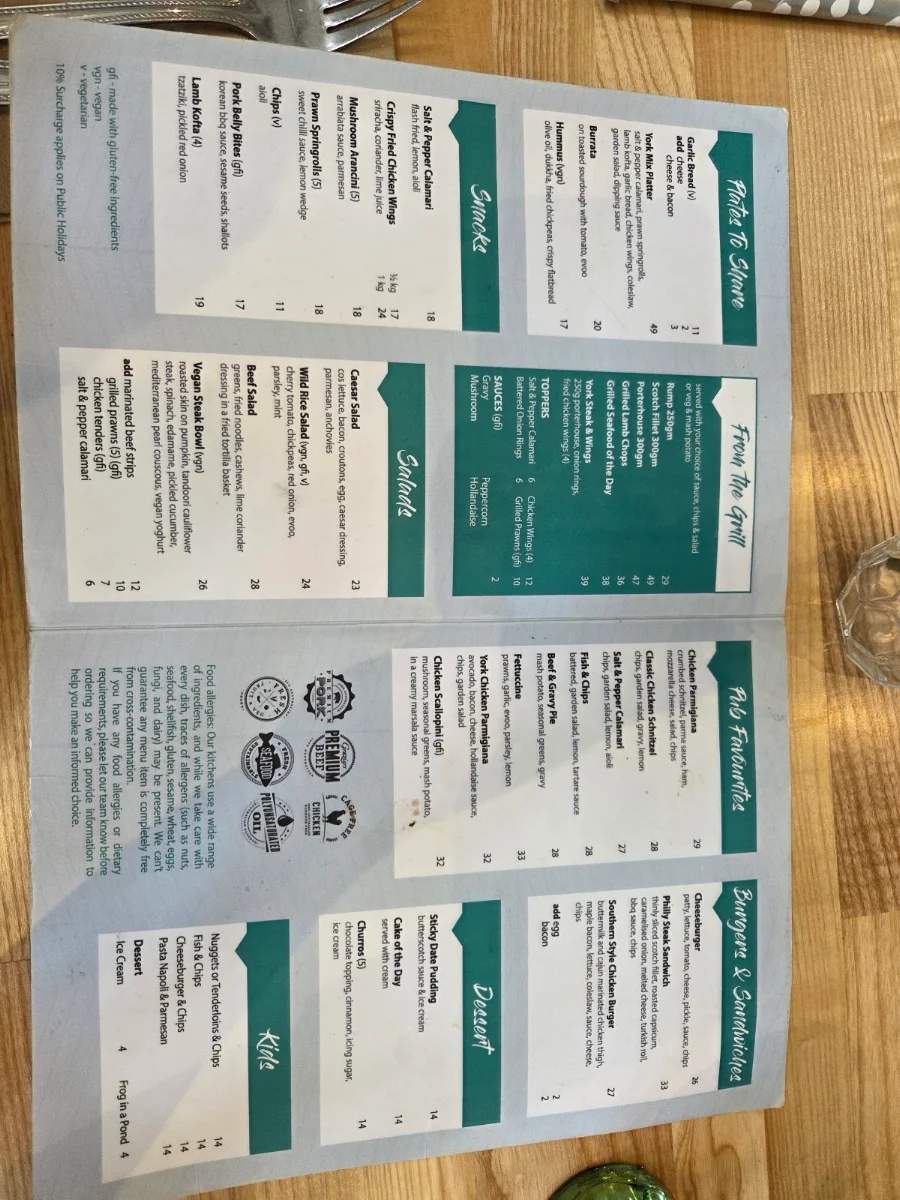 Menu, York On Lilydale