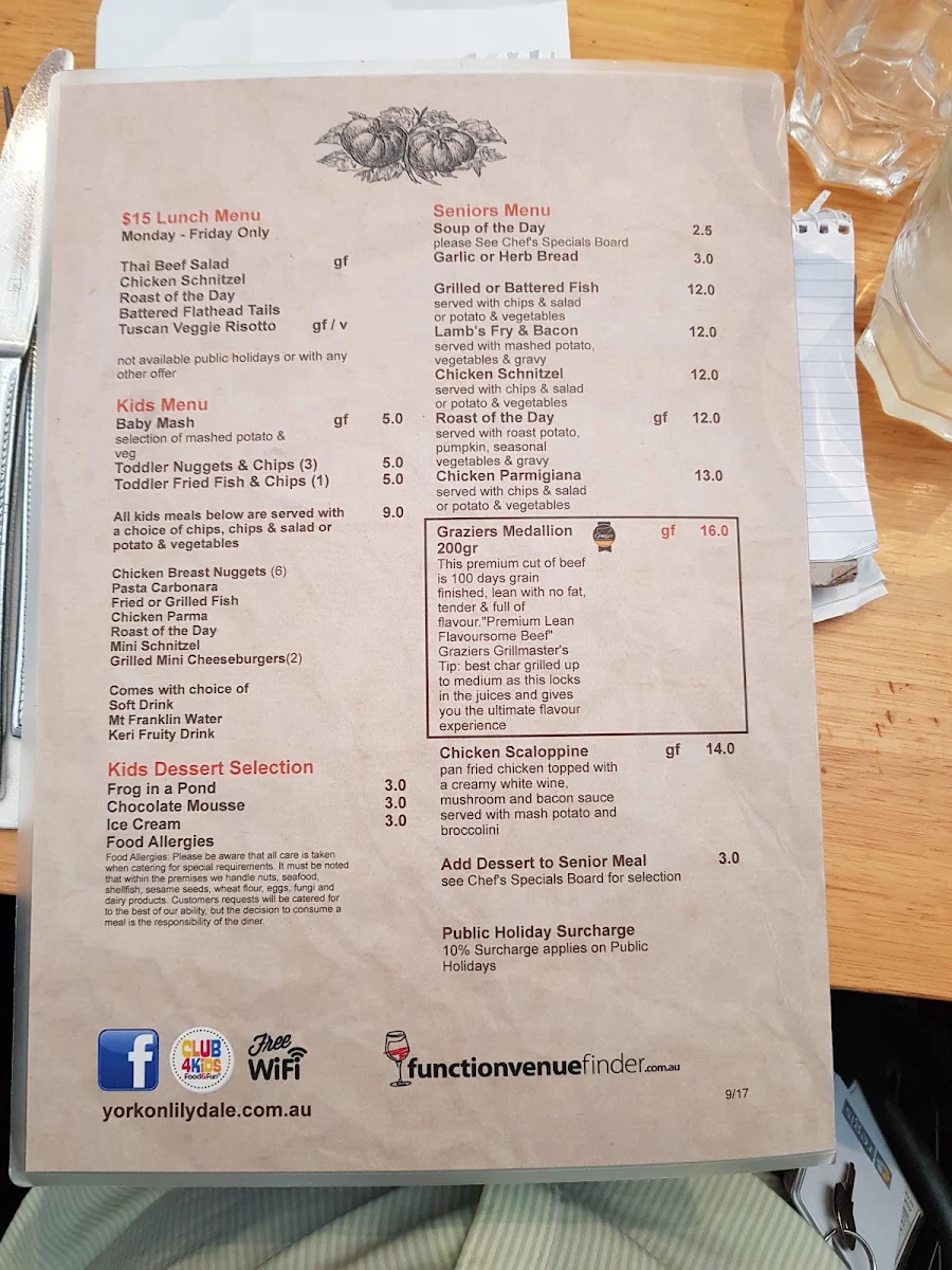Menu, York On Lilydale
