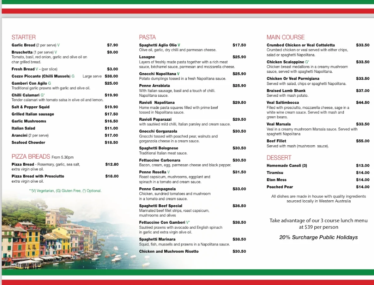 Menu, Paparazzi Italian Restaurant Mandurah