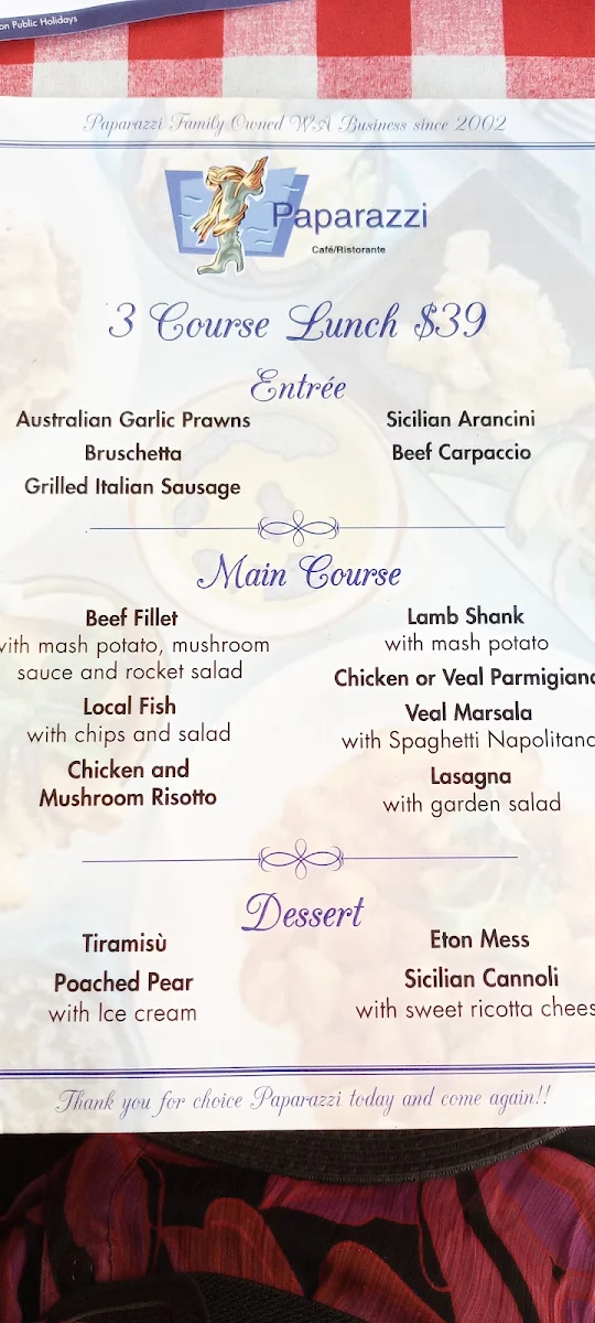 Menu, Paparazzi Italian Restaurant Mandurah